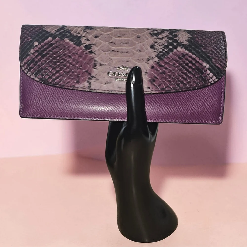 COACH Python Embossed Leather Continental Long Wallet Plum Purple Exotic Flap - Picture 4 of 14